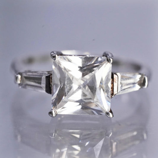 Size 6.25, vintage Sterling 925 silver engagement ring with square Cz