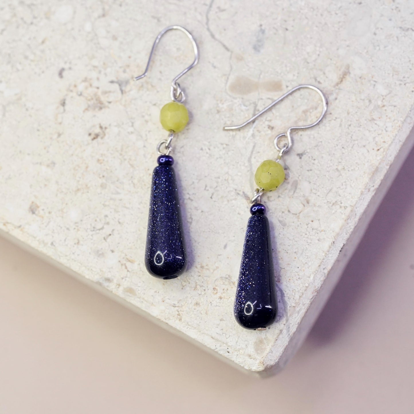 vintage sterling silver 925 teardrop blue goldstone earrings with jade beads
