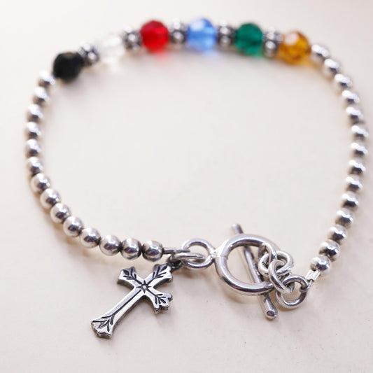 7”, Vintage bead bracelet pearl colorful crystal cross charm, toggle closure