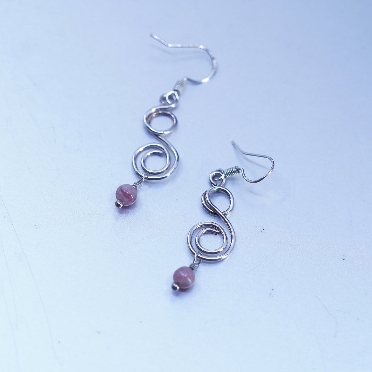 Vintage Sterling 925 silver spiral earrings with pink Rhodochrosite beads