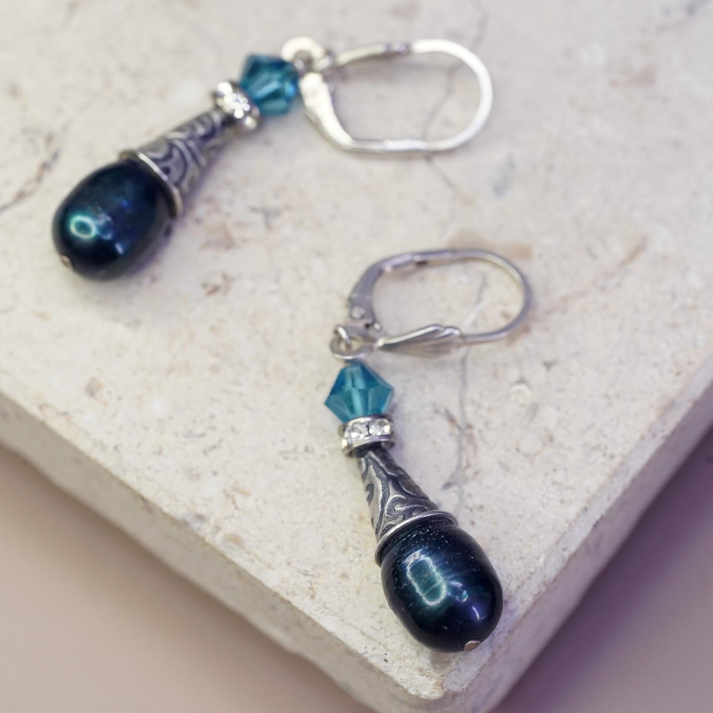 Vintage antique Sterling 925 silver handmade earrings with teardrop black pearl