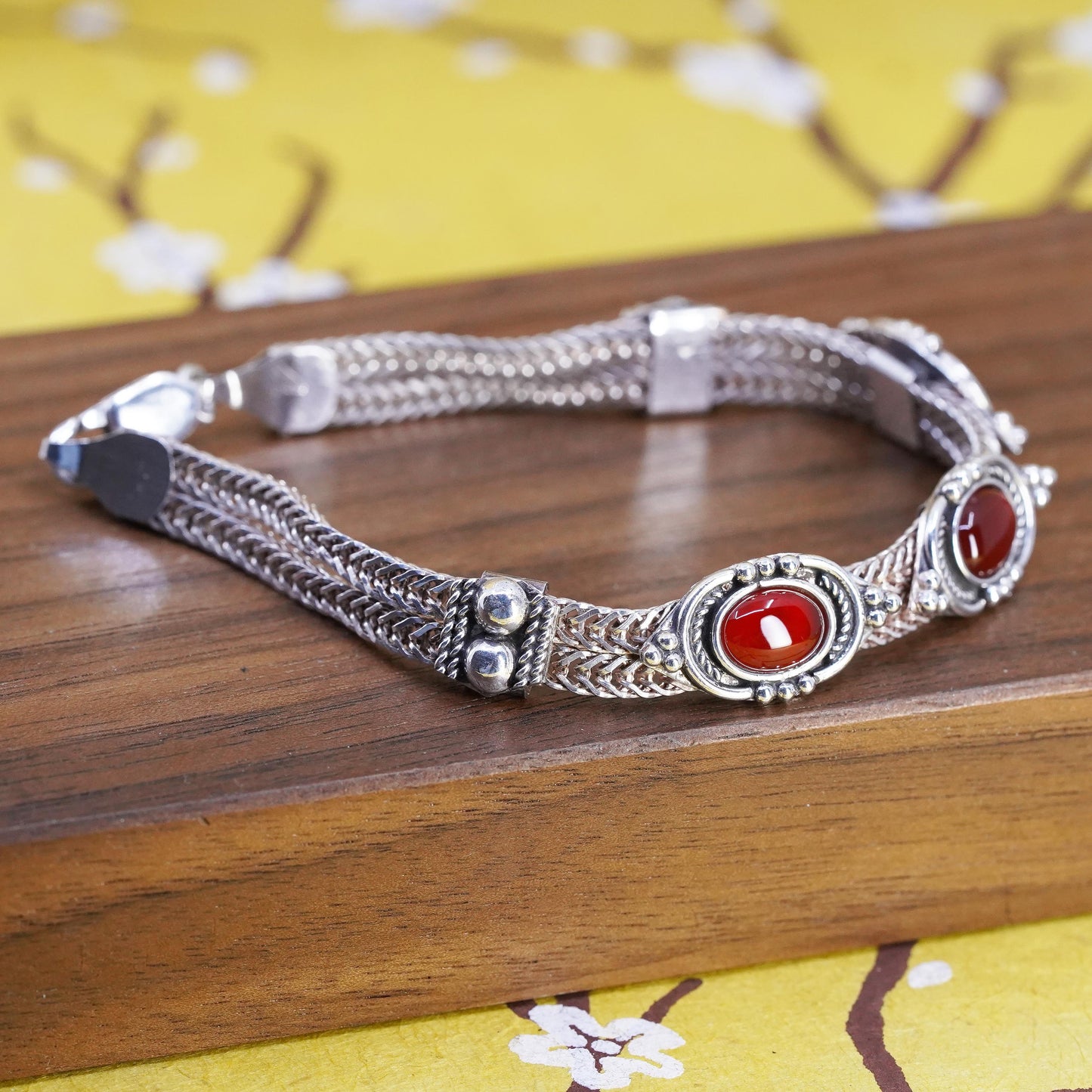 7”, VTG sterling silver bracelet, multi strands 925 wheat chain oval carnelian