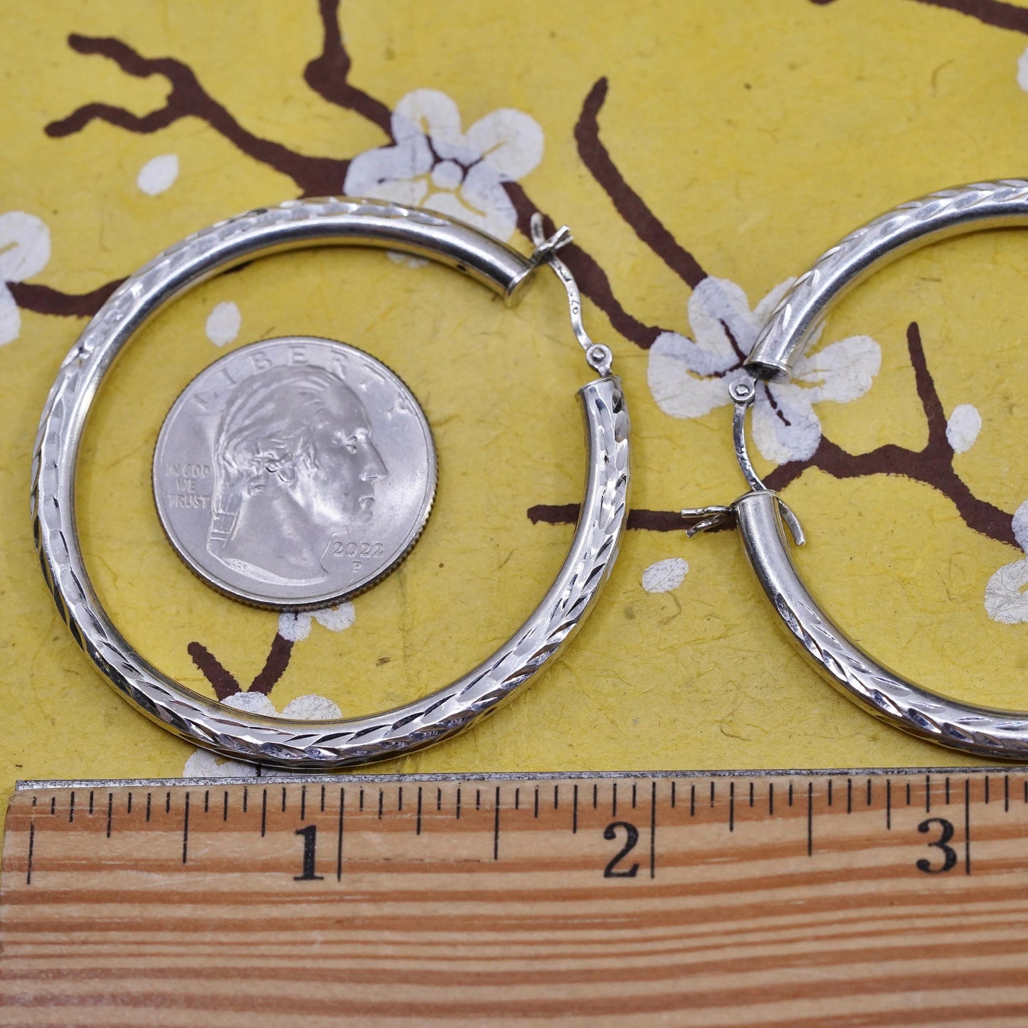 2", vintage Italian Sterling silver earrings, huge textured 925 hoops