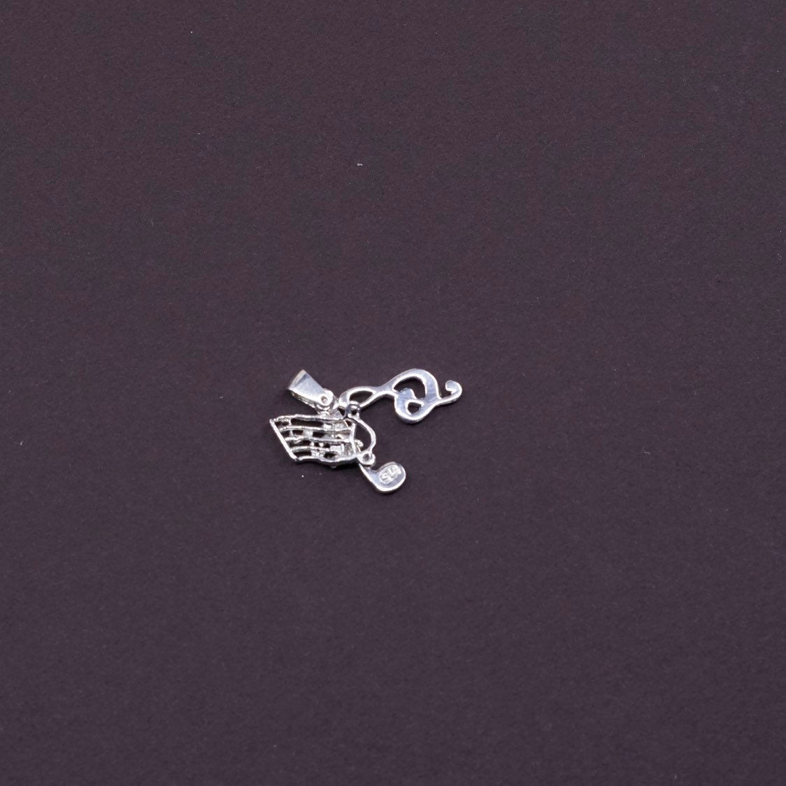 vtg Sterling silver handmade pendant, 925 music symbol charm w/ crystal