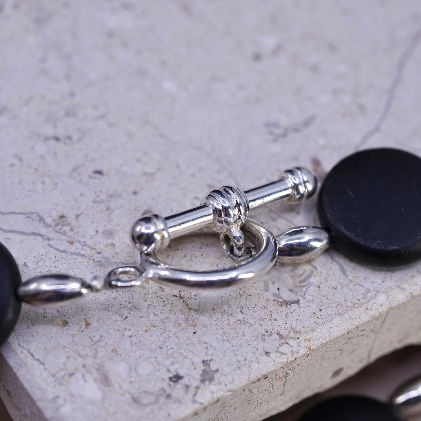 20", Sterling 925 silver necklace 16mm matte black onyx beads toggle closure