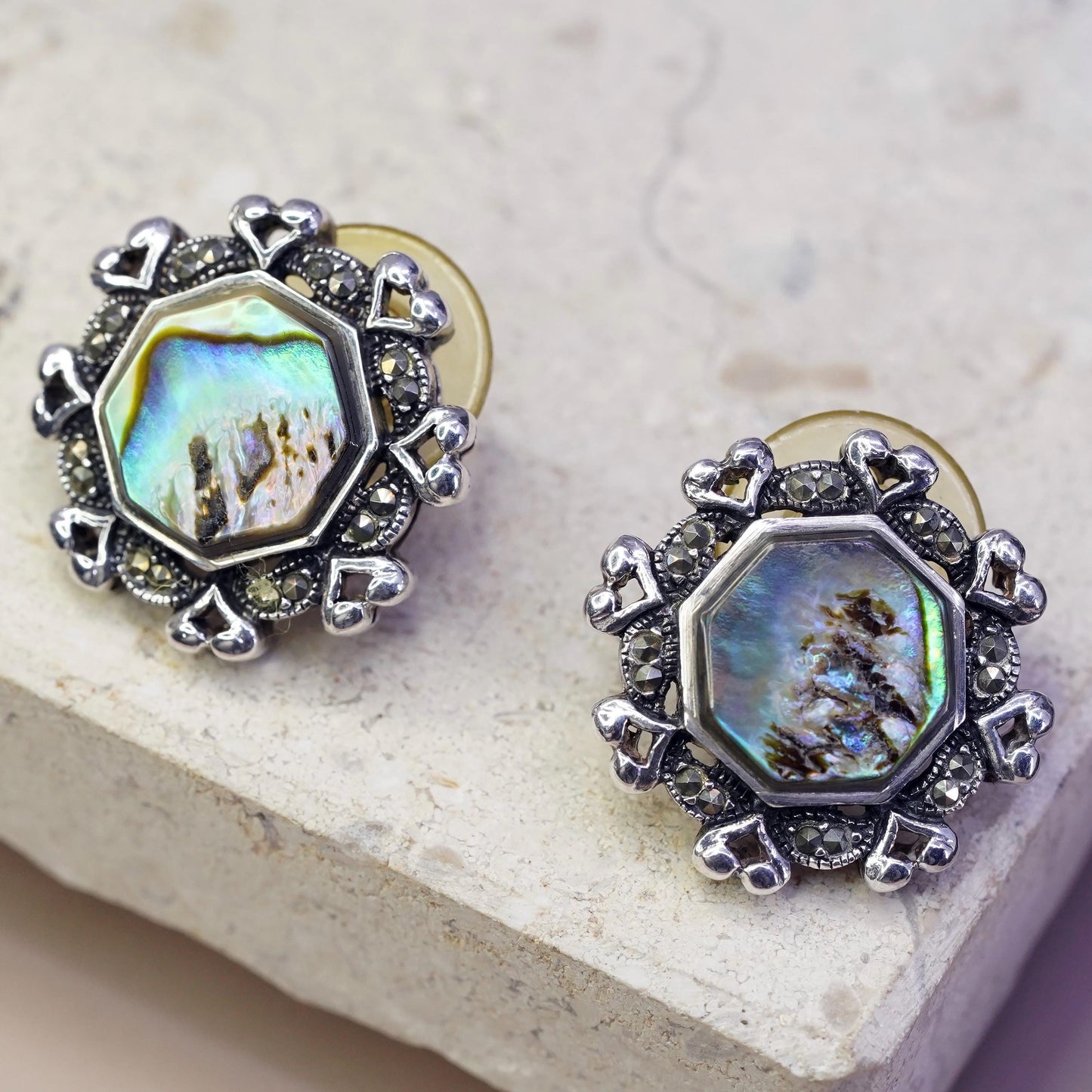 Vintage Thailand Sterling 925 silver Hexagram studs earrings with abalone inlay