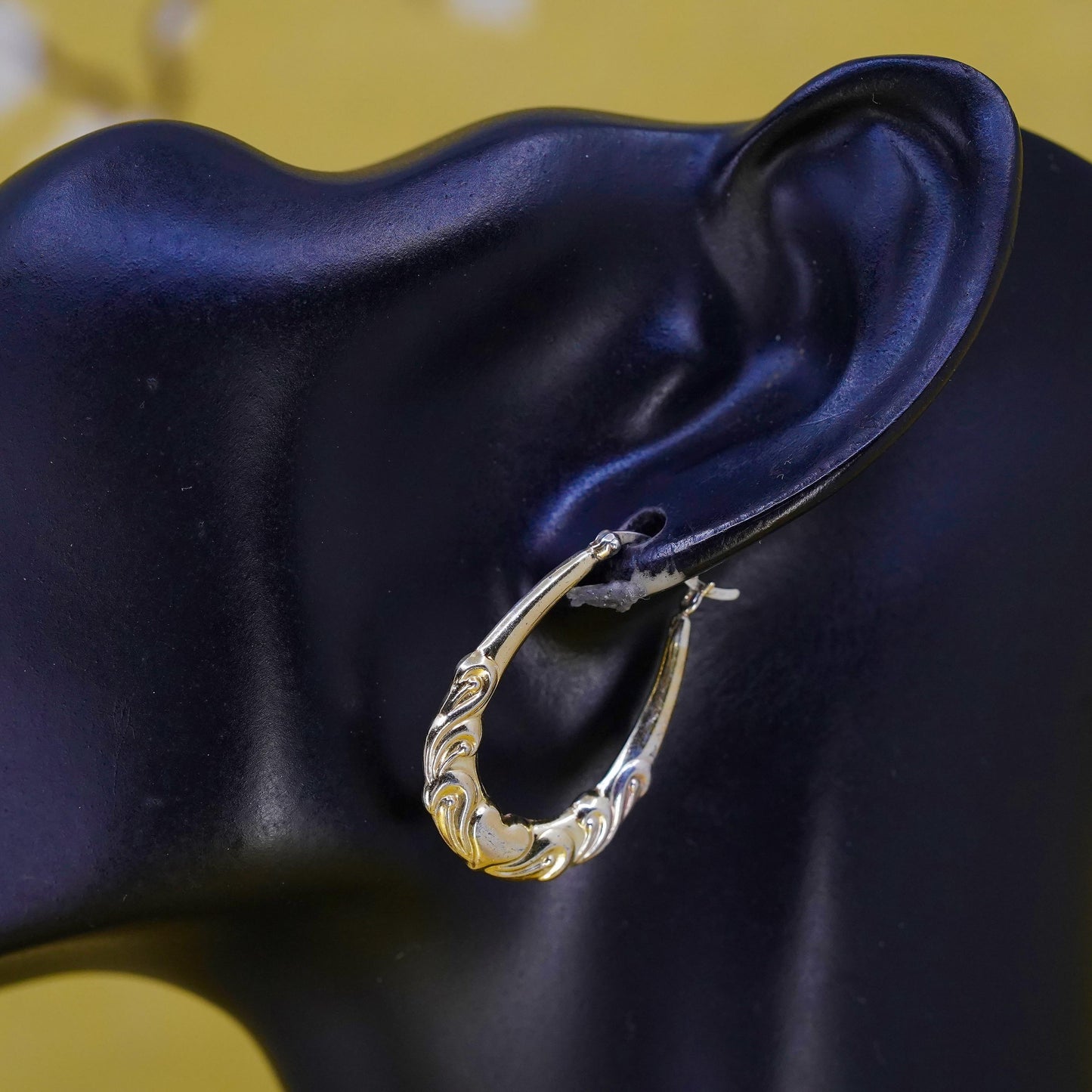 1.25", gold over Sterling silver earrings, 925 textured huggie hoops with heart