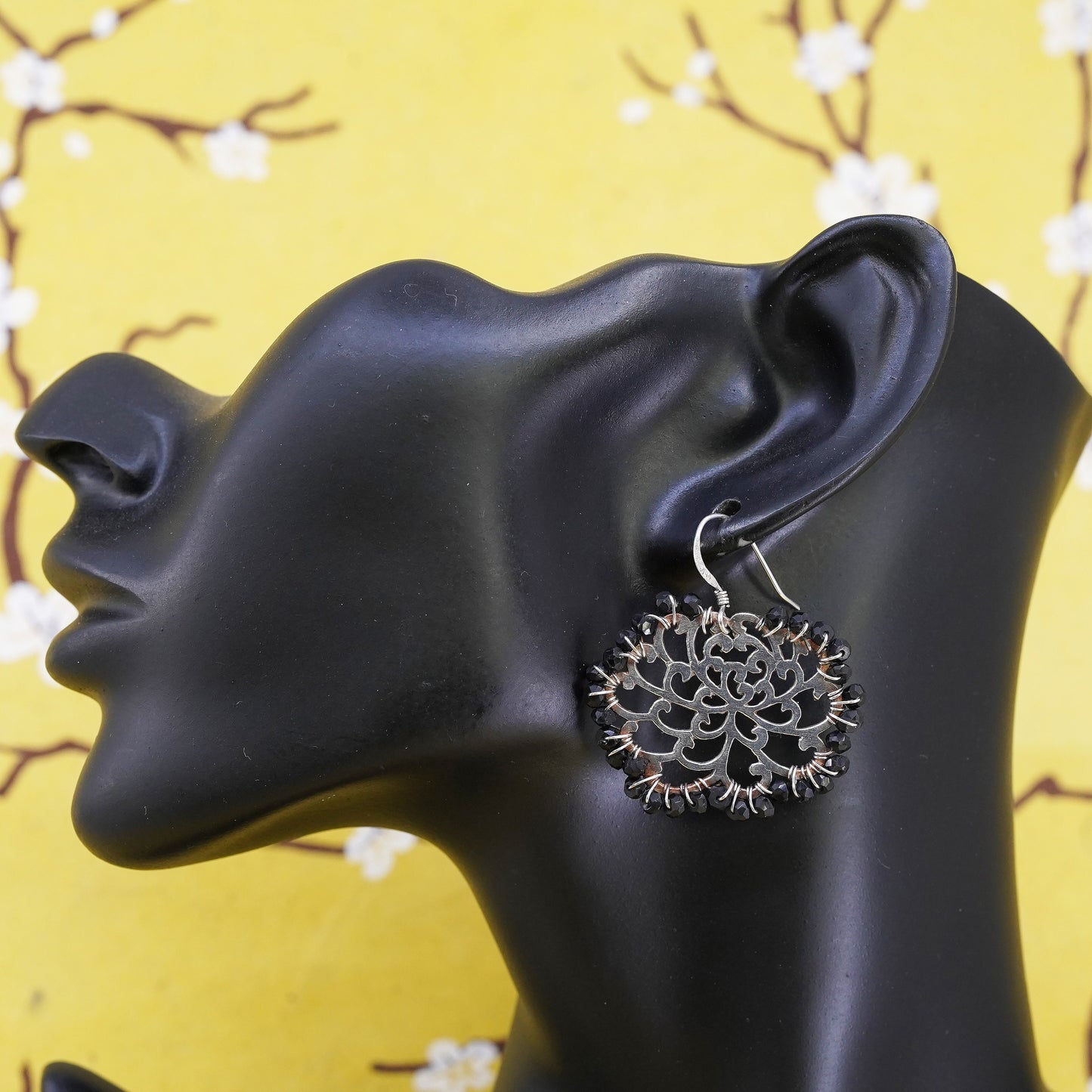 Vintage Sterling 925 silver handmade flower earrings with cluster obsidian