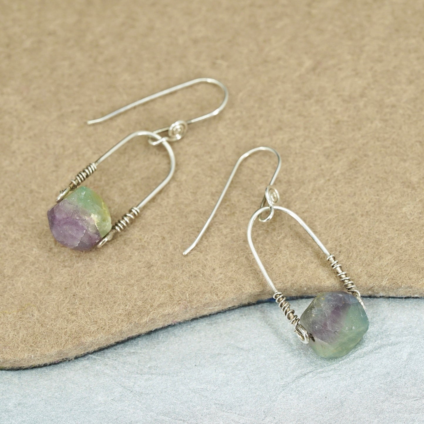 Vintage Sterling 925 silver handmade earrings with fluorite nugget