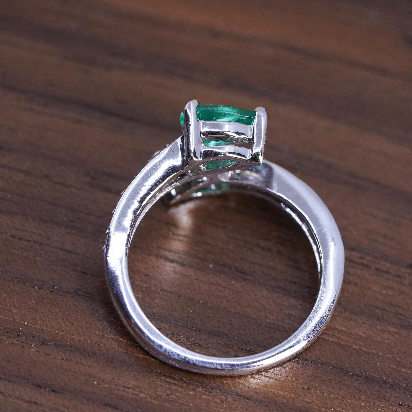 Size 6, VTG Emerald Diamond Bypass Toi et Moi Ring, Sterling Silver 925 Ring