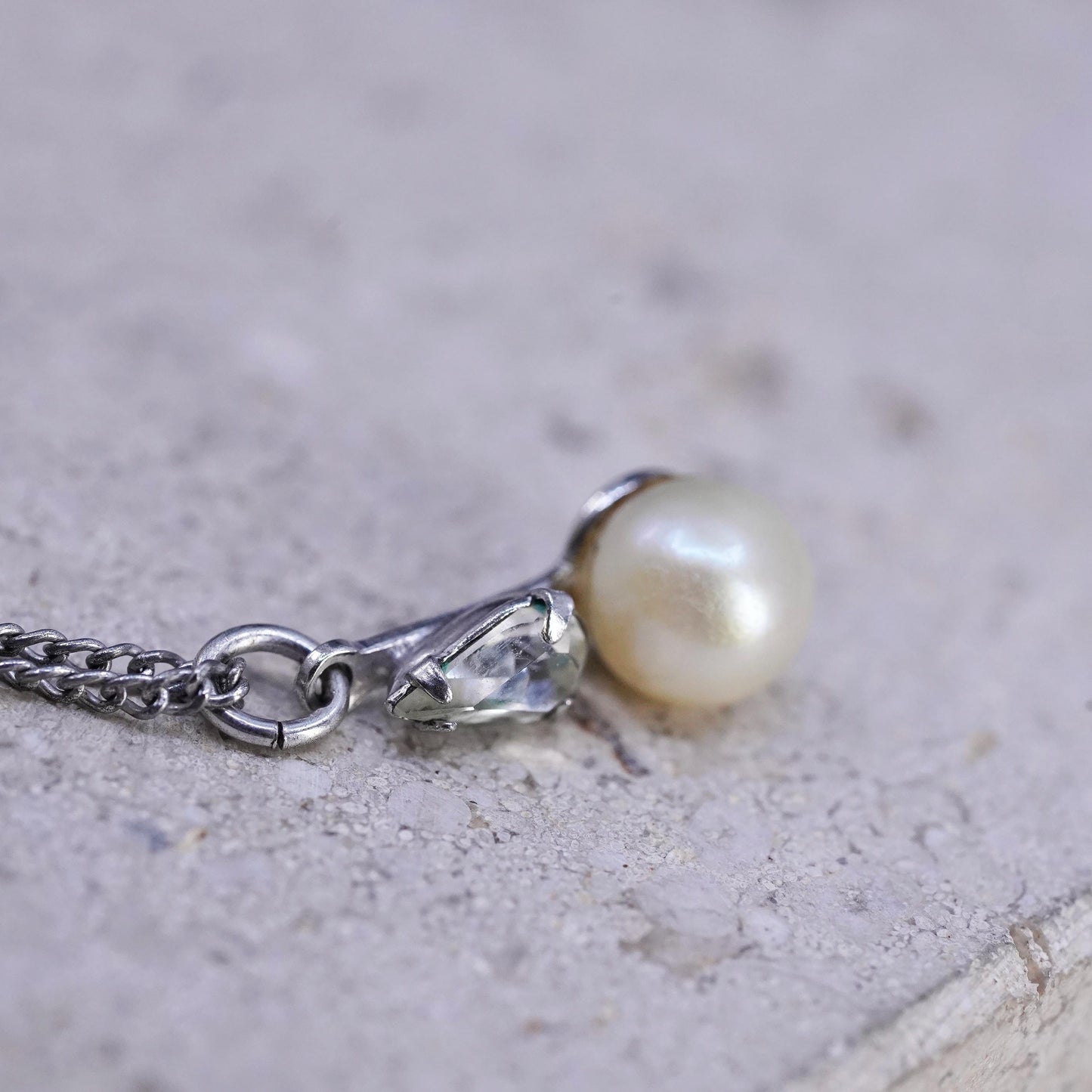 16", vintage Sterling silver necklace, 925 curb chain with pearl pendant and cz