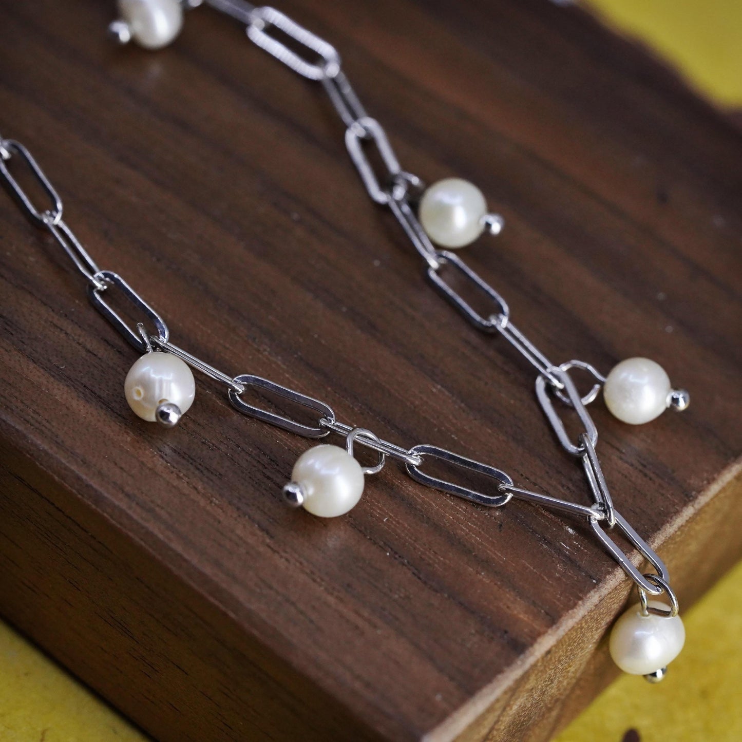 8” Sterling 925 silver elongated chain bracelet with freshwater pearl charms
