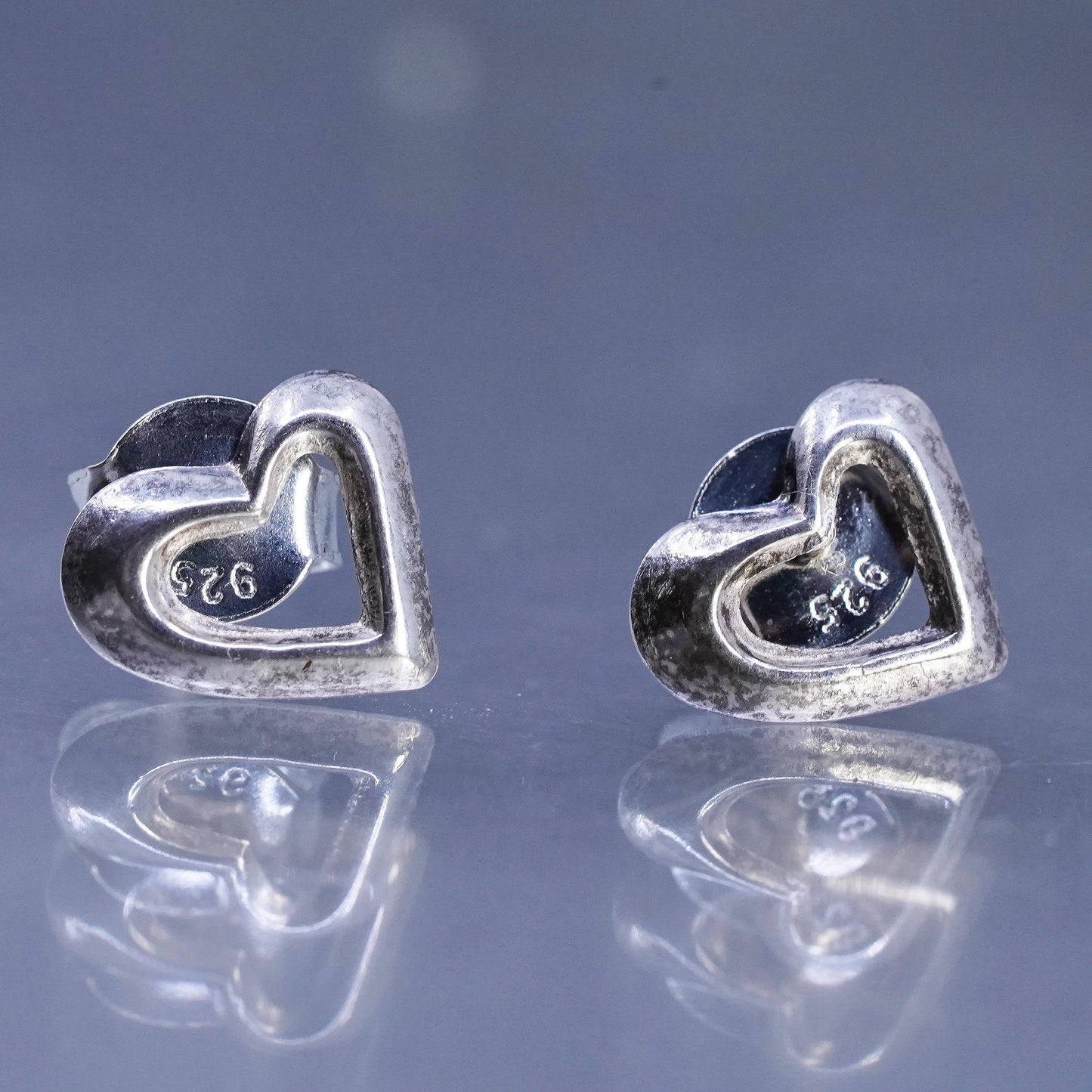 Vintage Sterling 925 silver handmade heart earrings, studs