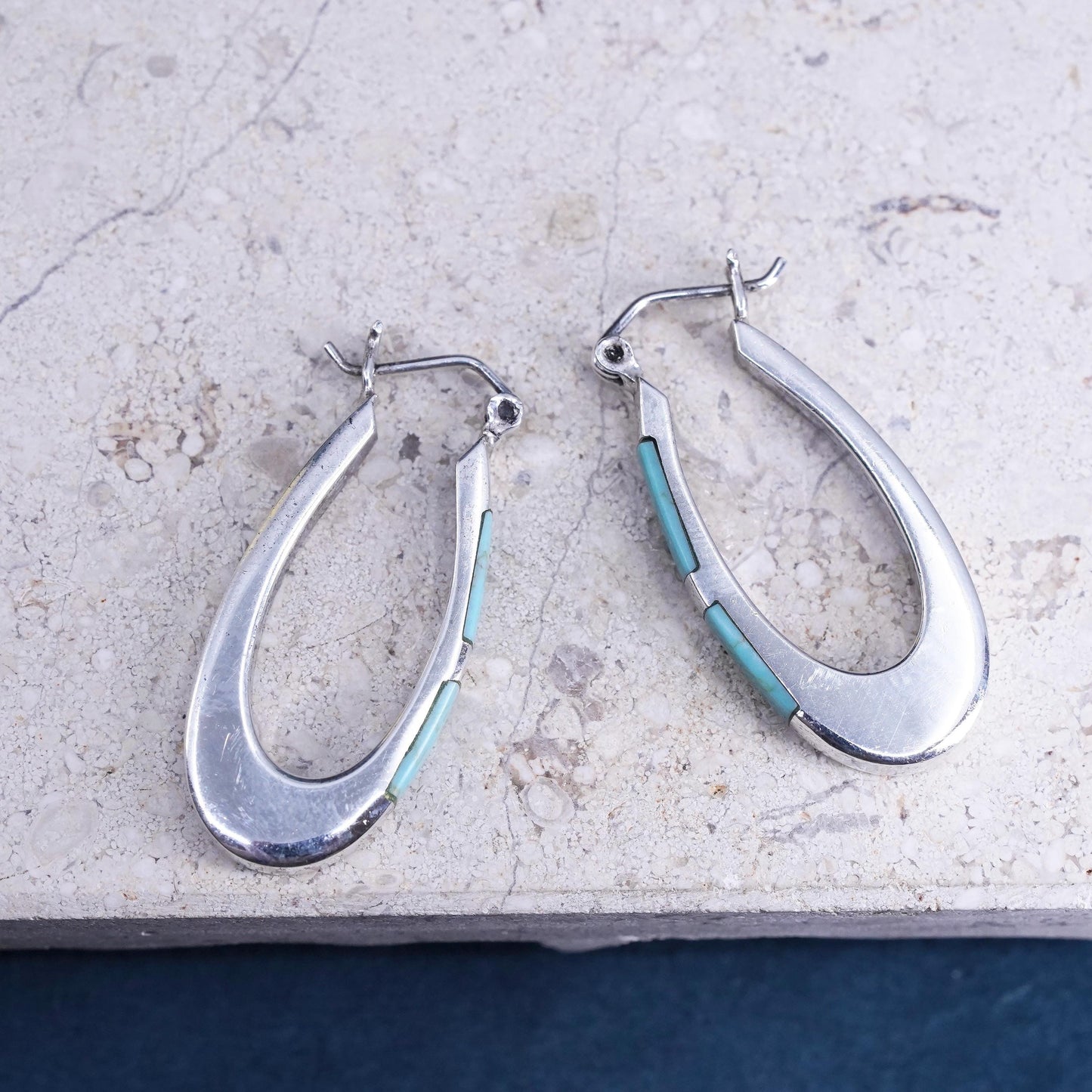 1.25", Mexican southwestern Sterling silver hoop earrings, 925 huggie turquoise