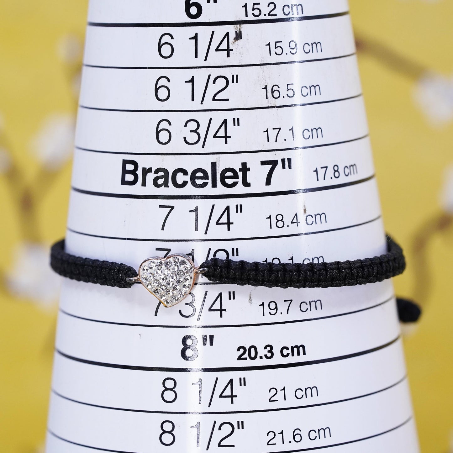 8", black linen thread bracelet with Sterling 925 silver heart charm cluster cz