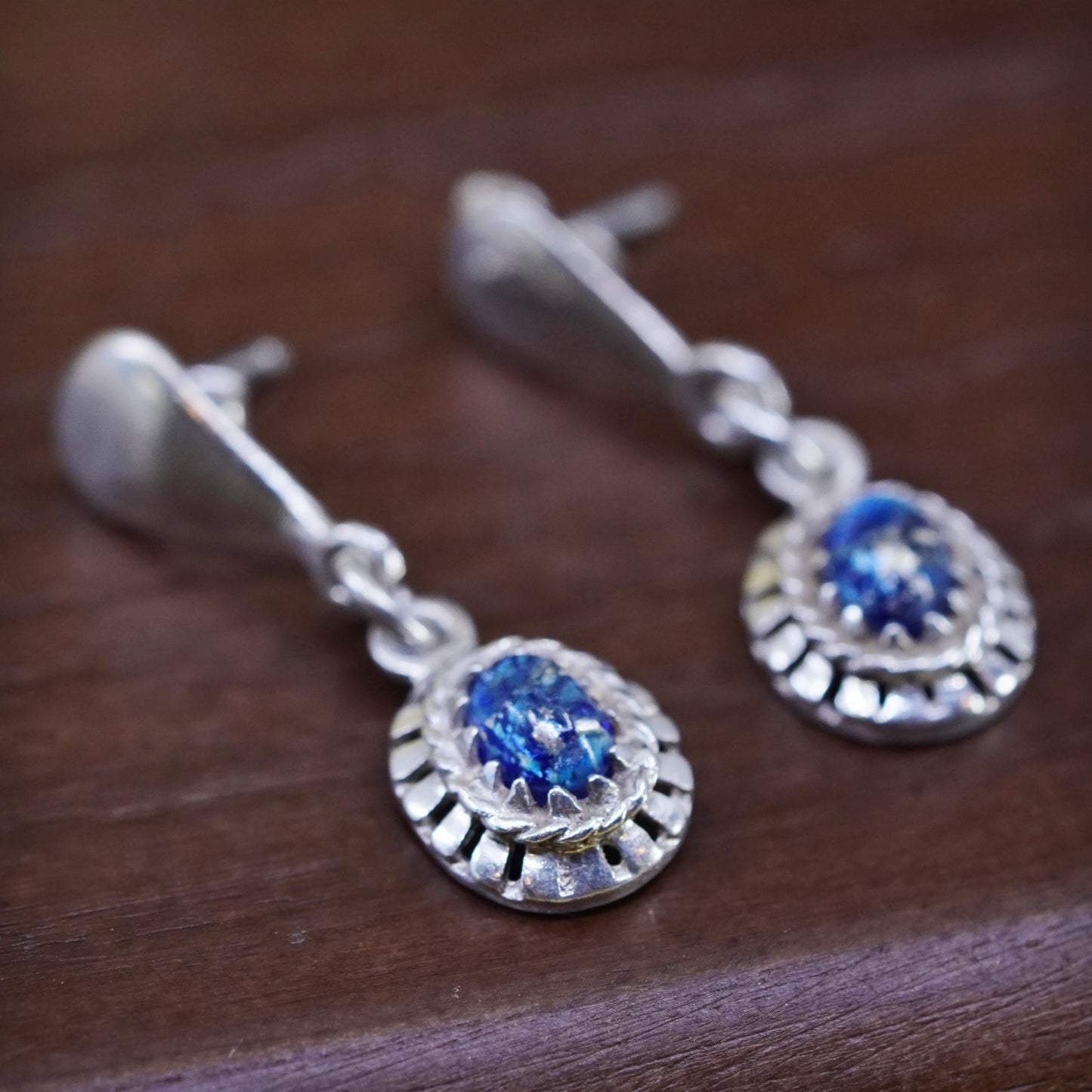 Vintage sterling silver 925 handmade earrings with blue dichroic glass drops