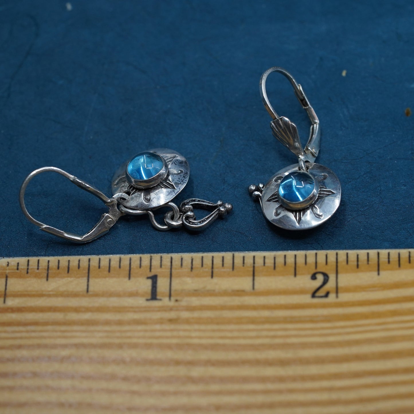 Vintage sterling 925 silver handmade sun earrings w/ blue crystal heart charms