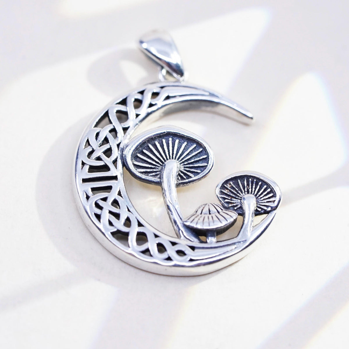 VINTAGE Sterling Silver Crescent Moon Mushroom Pendant, 925 Celtic Moon Charm