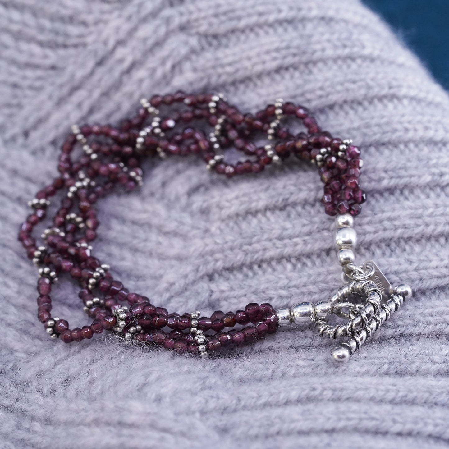 7”, sterling 925 silver handmade bracelet, multi strands garnet beads chain