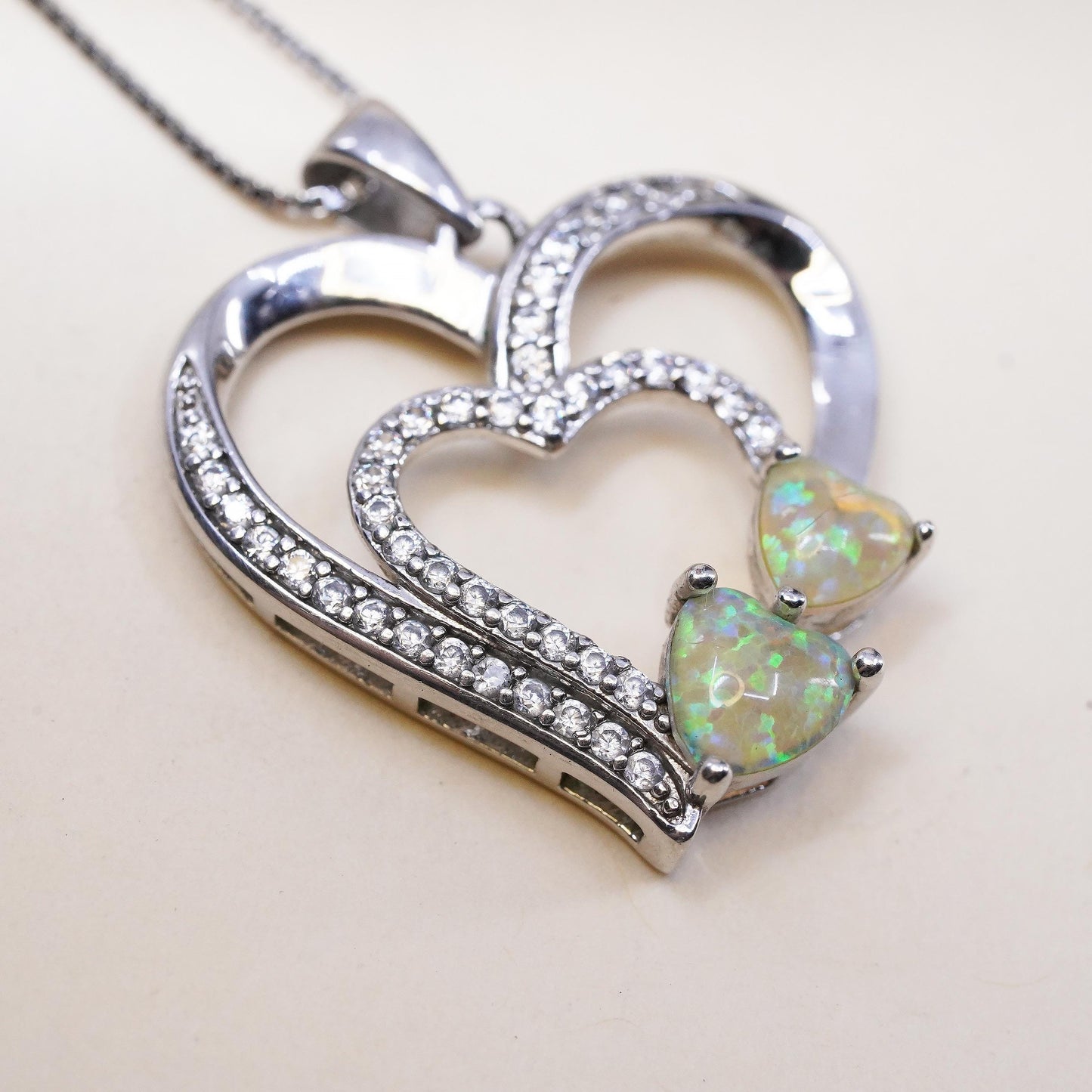Opal Heart Necklace Sterling Silver 925 Double Heart White Topaz Pave Love