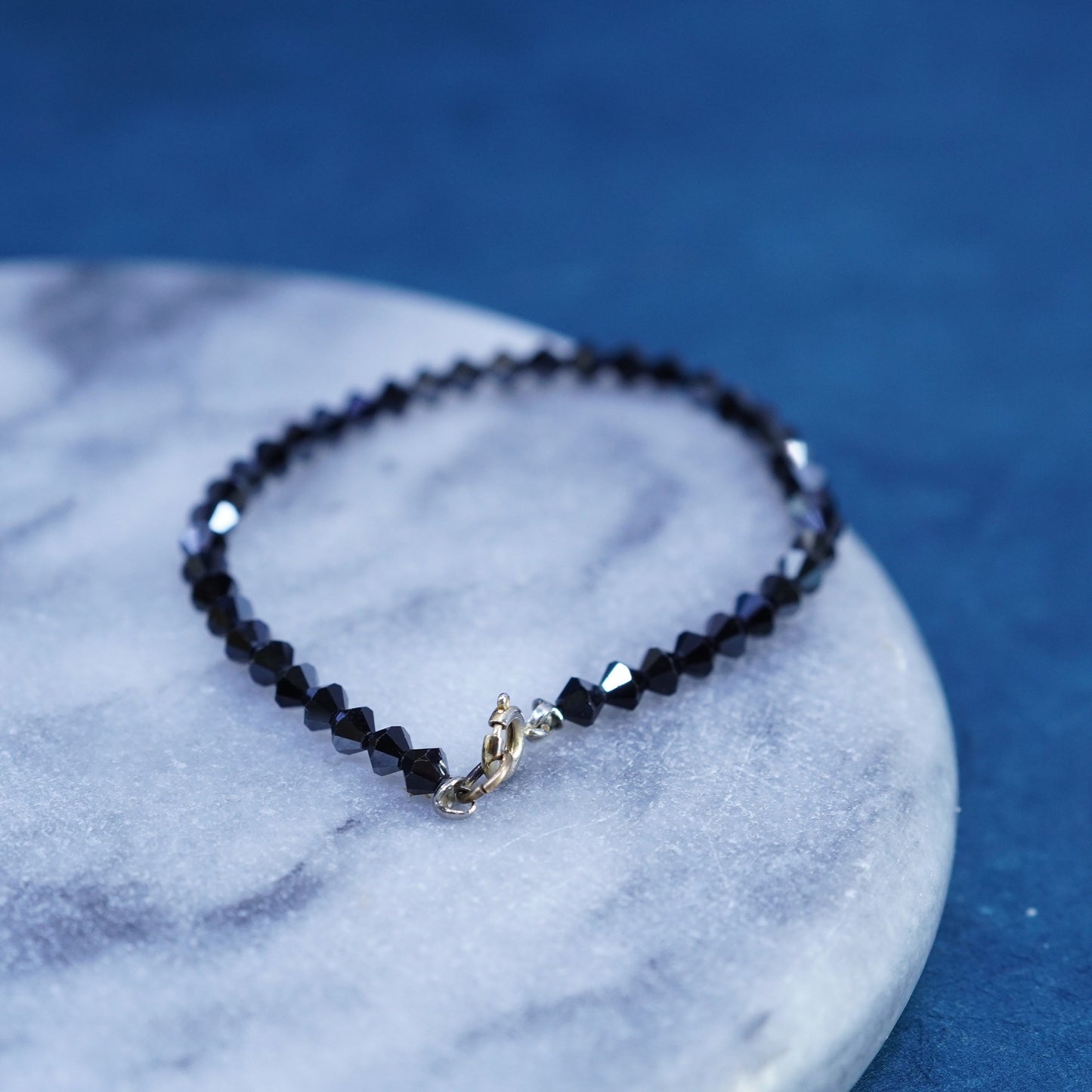 6.5”, vintage Sterling 925 silver handmade bracelet with black crystal