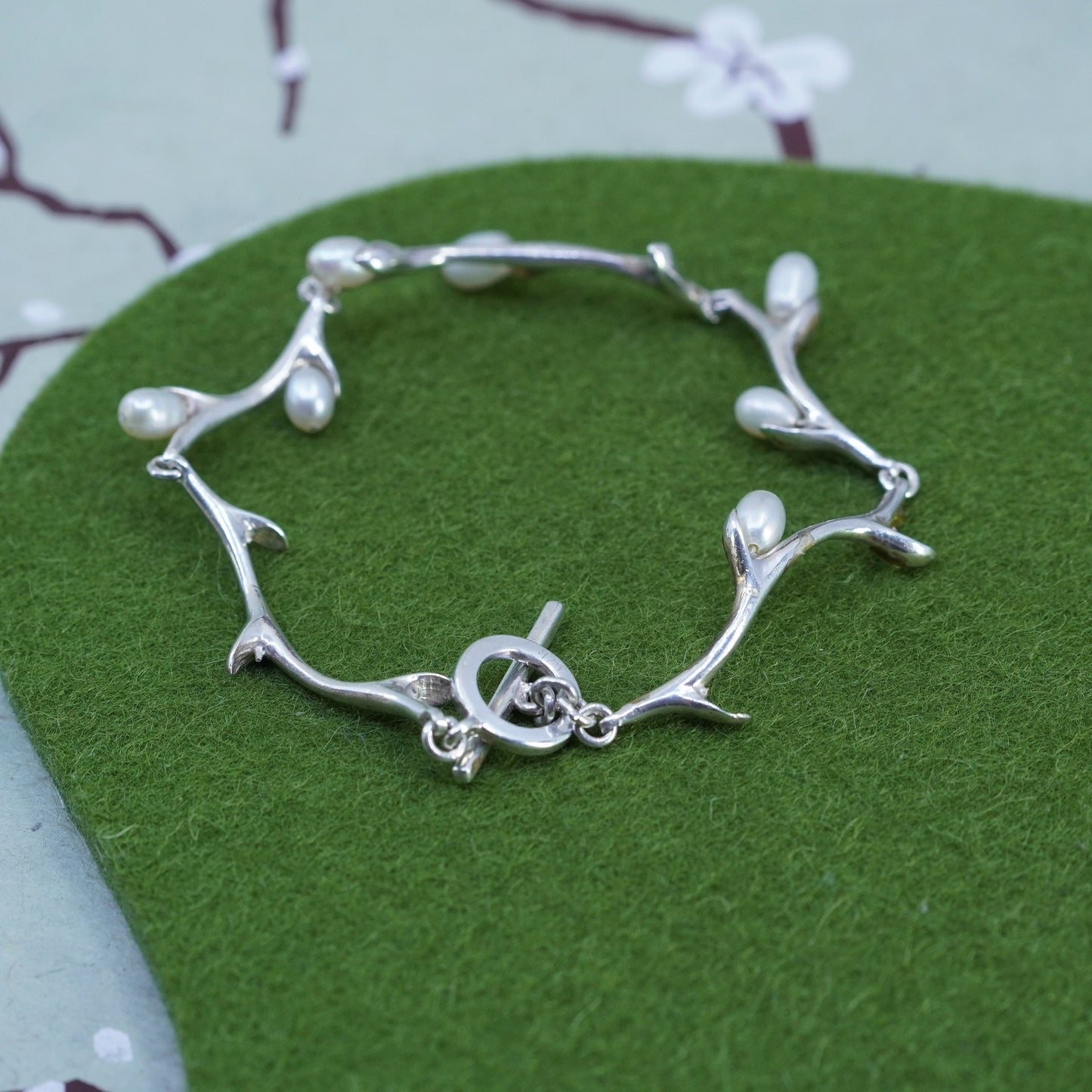 7”, Vintage sterling silver handmade bracelet, 925 branch link chain with pearl
