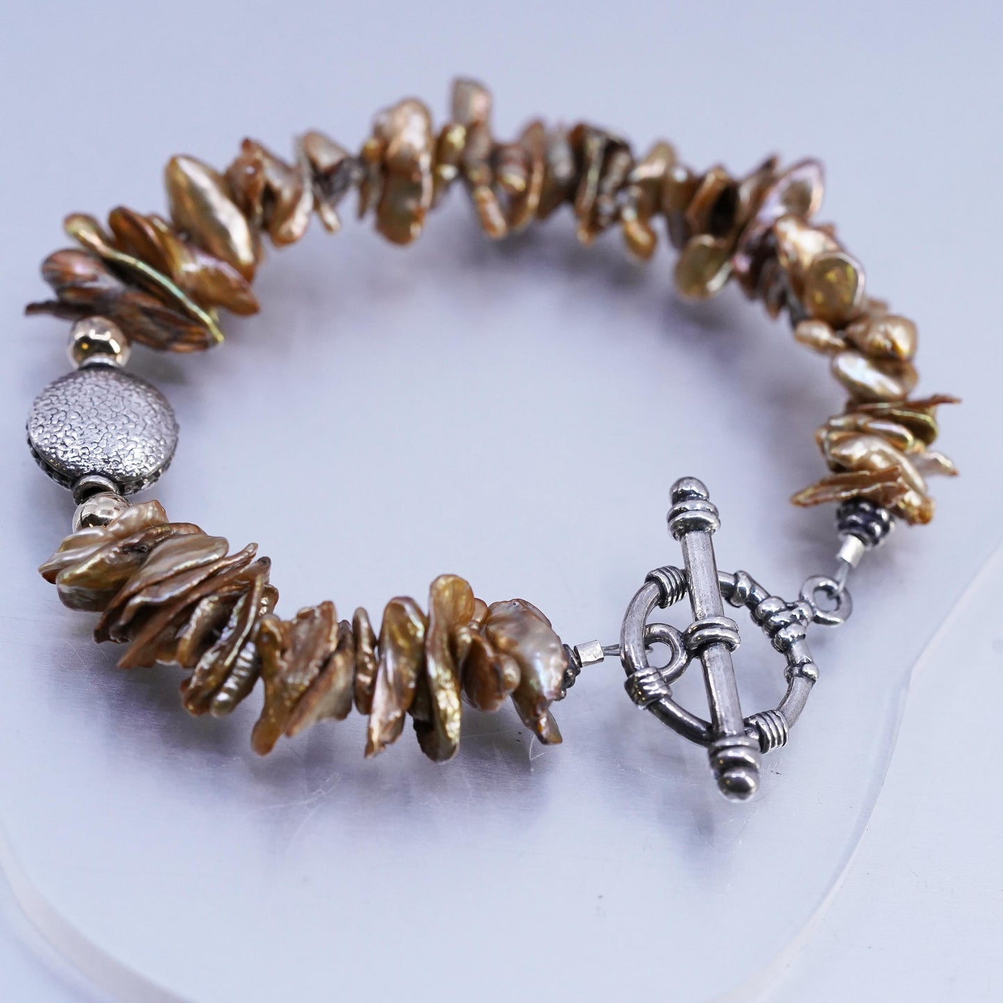 6.25", vintage sterling silver bracelet, baroque pearl beads 925 toggle closure