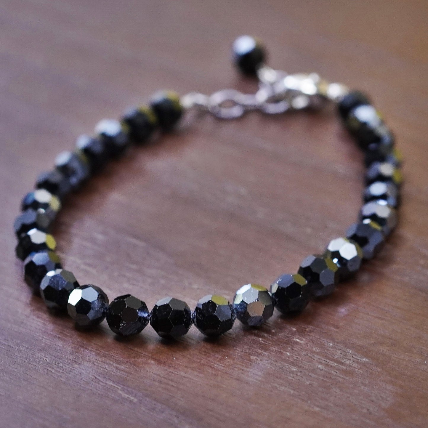 7”, vintage Sterling 925 silver beads bracelet with black crystal