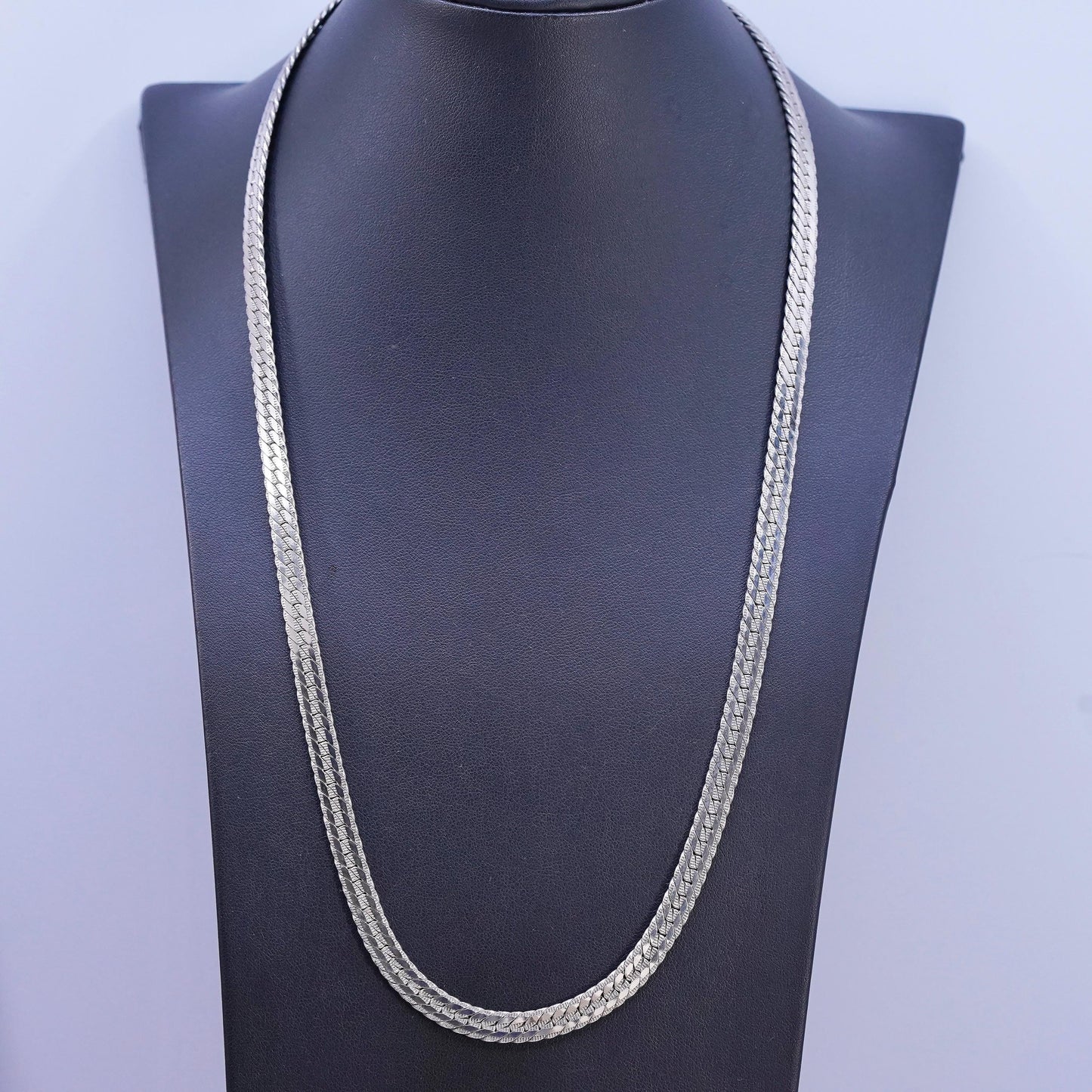 24", vintage Sterling silver handmade necklace, flatten textured 925 curb chain