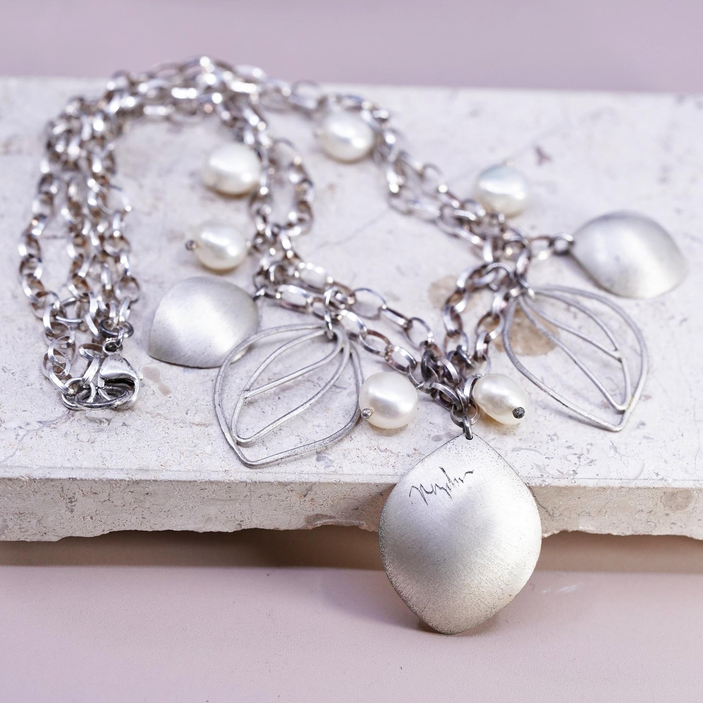 Sterling silver necklace, double strands 925 oval chain leaves pendant pearl