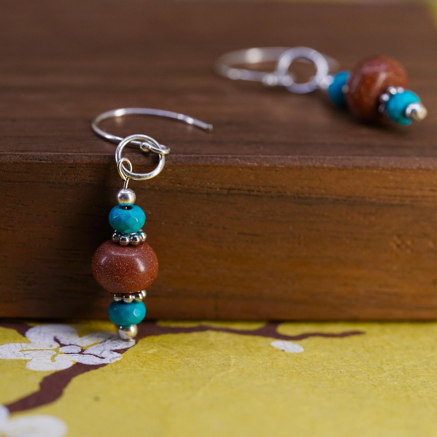 Vintage Sterling 925 silver handmade earrings with turquoise goldstone beads