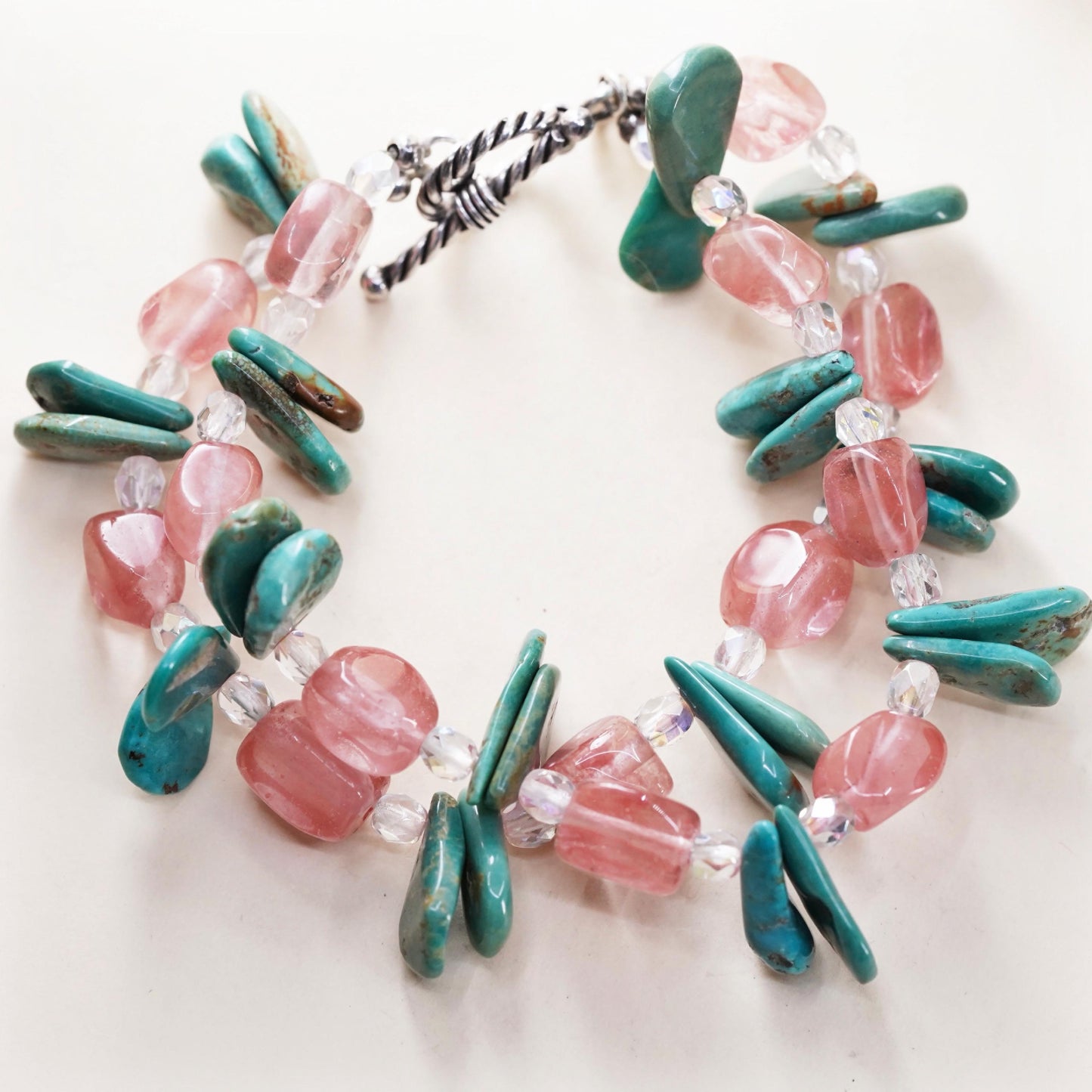 7”, VTG southwestern Sterling 925 silver bracelet turquoise pink quartz beads