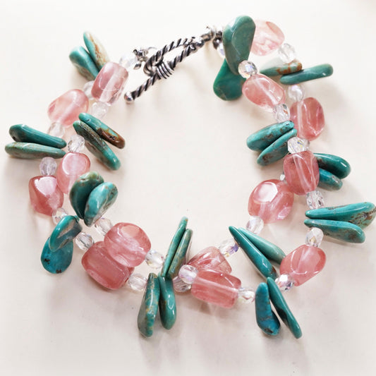 7”, VTG southwestern Sterling 925 silver bracelet turquoise pink quartz beads