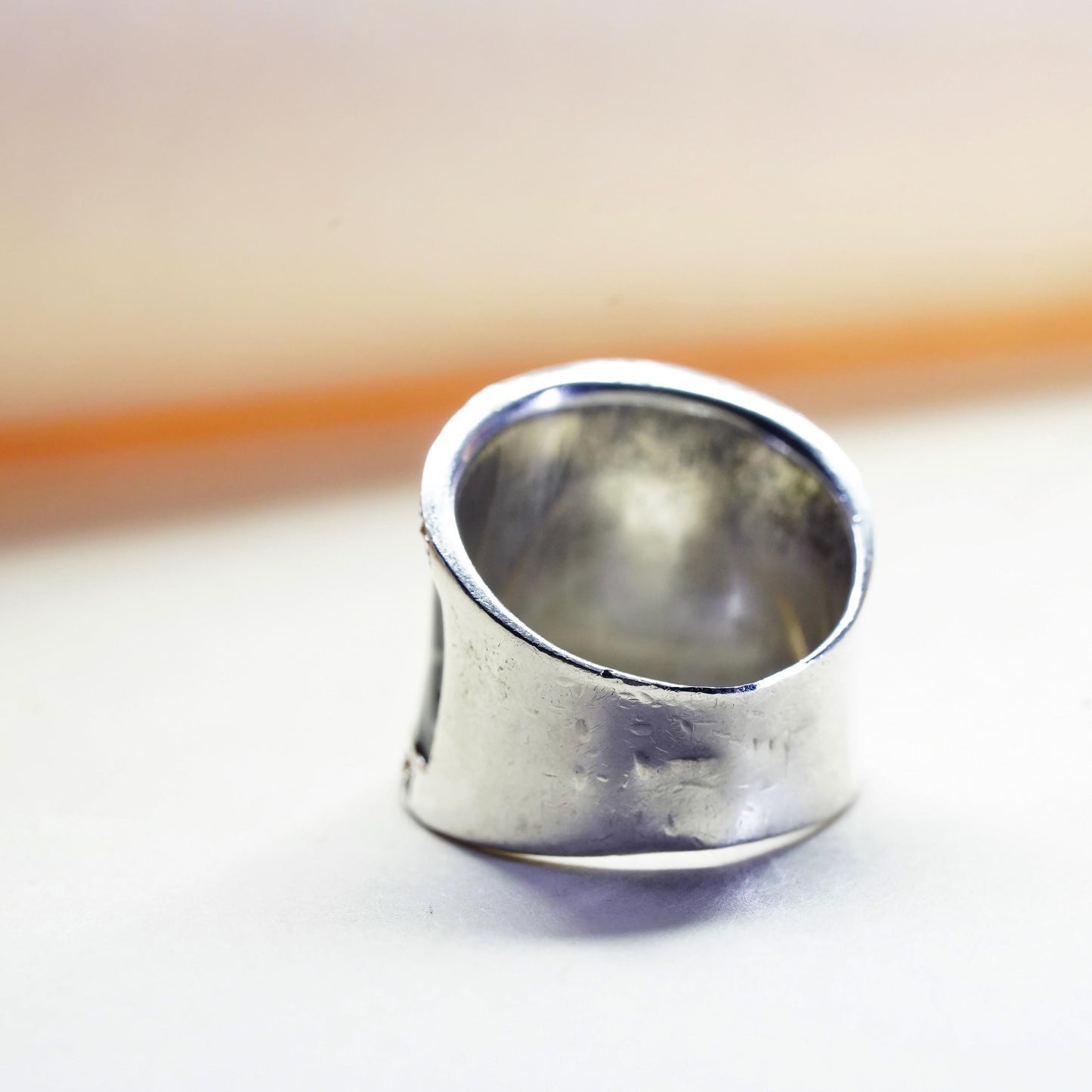 Size 6, Vinatge Sterling silver ring, 925 wide band w/ zebra enamel marcasite