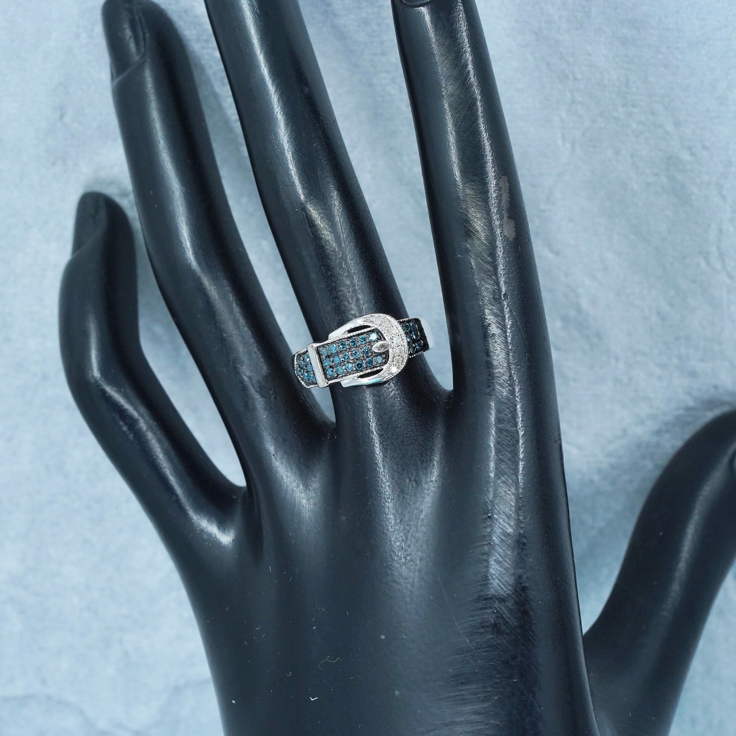 Size 7, Sterling 925 silver belt ring with cluster genuine sapphire and diamond