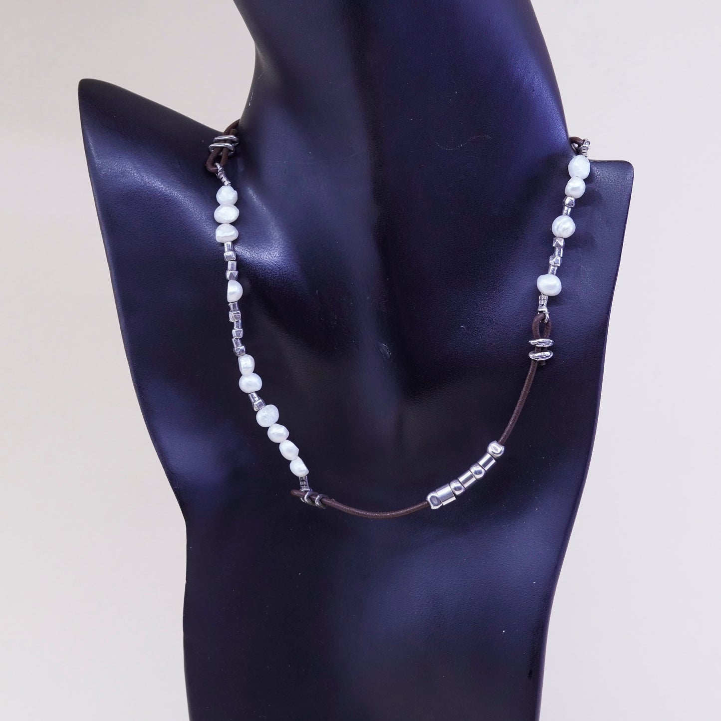 Retired Silpada Brown Leather Pearl Sterling 925 silver Bead Necklace N1063