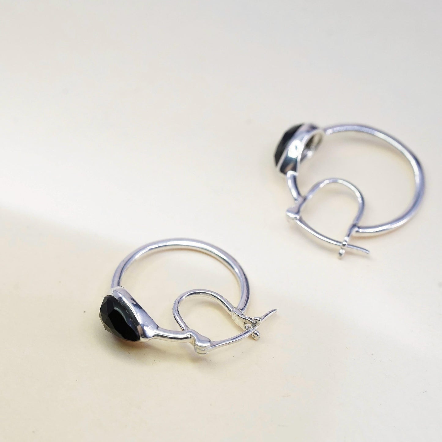 1" Vintage D’Joy sterling silver bold loop earrings, hoops teardrop black onyx