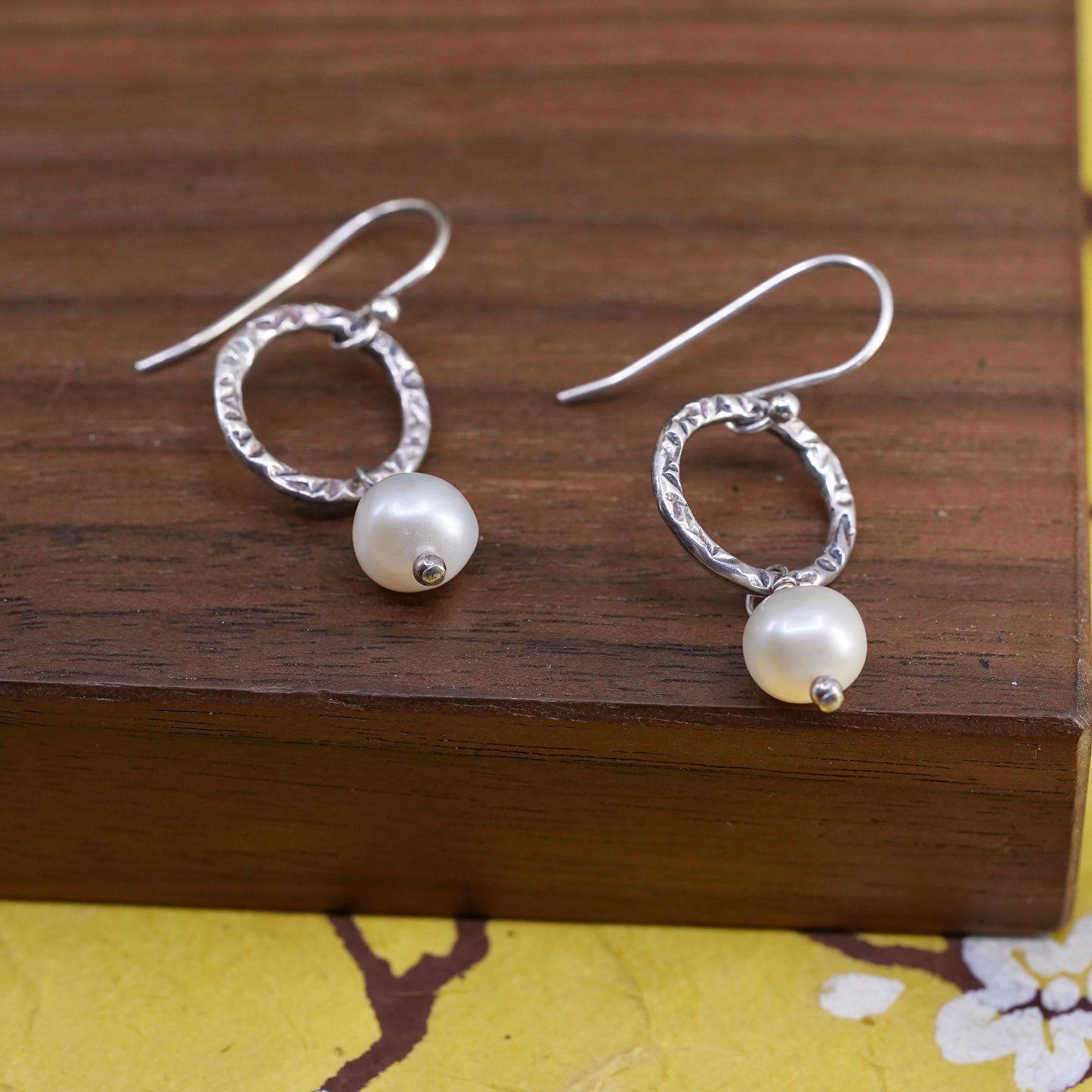 Vintage Sterling silver handmade earrings, 925 circle with pearl drops