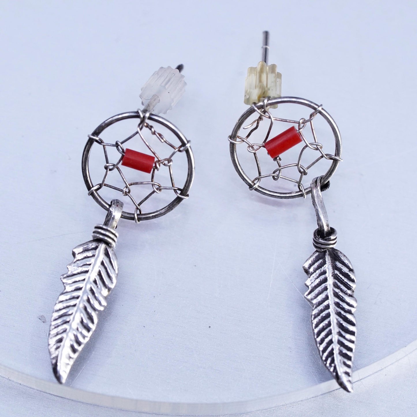VTG Navajo Native American Sterling 925 silver earrings coral feather dangles