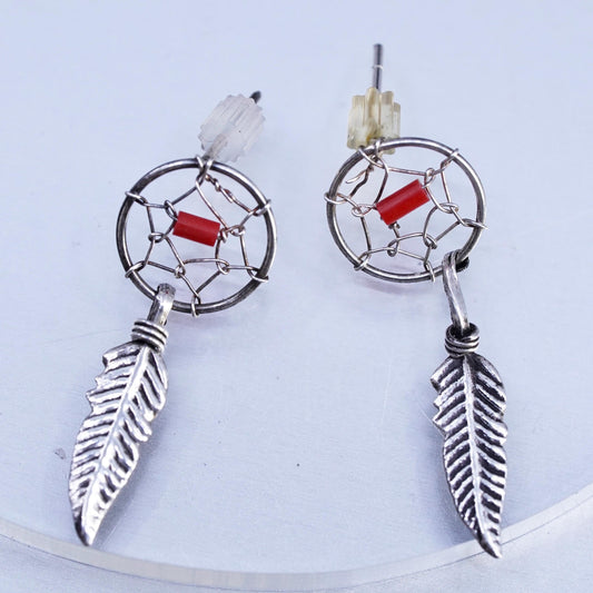 VTG Navajo Native American Sterling 925 silver earrings coral feather dangles