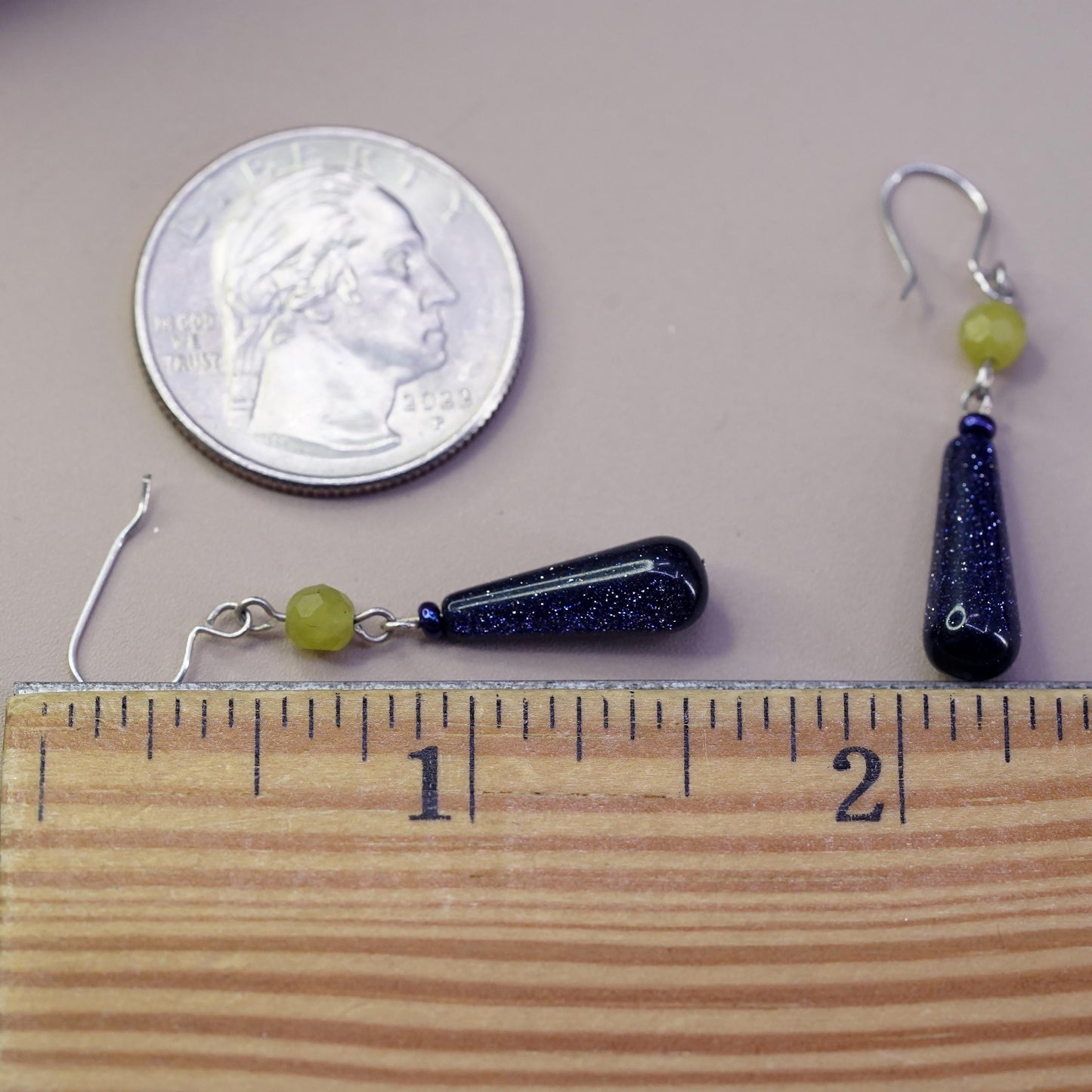 vintage sterling silver 925 teardrop blue goldstone earrings with jade beads