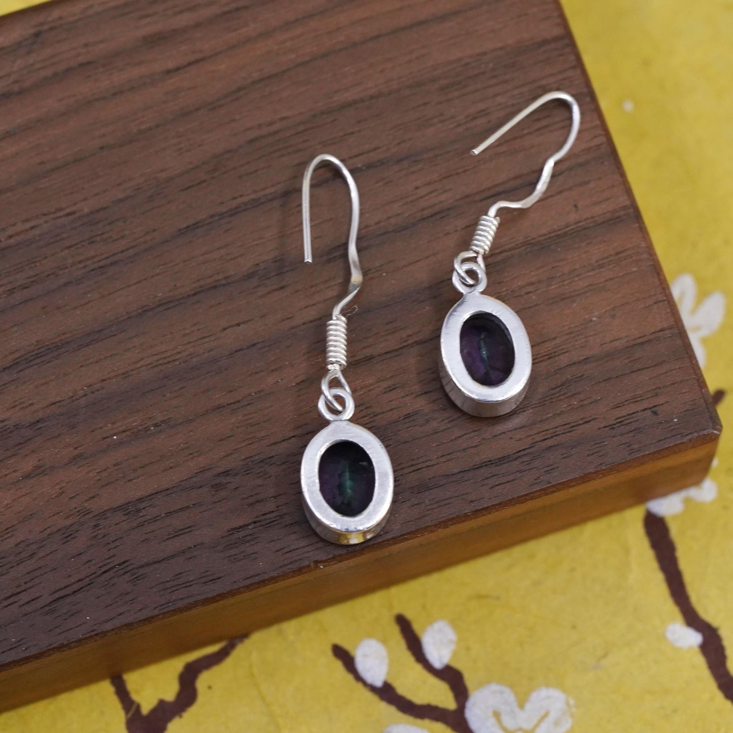 Vintage Sterling silver handmade earrings, 925 oval dangles rainbow topaz