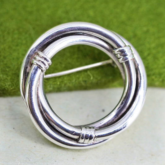 Vintage sterling silver handmade brooch, 925 entwined circle pin