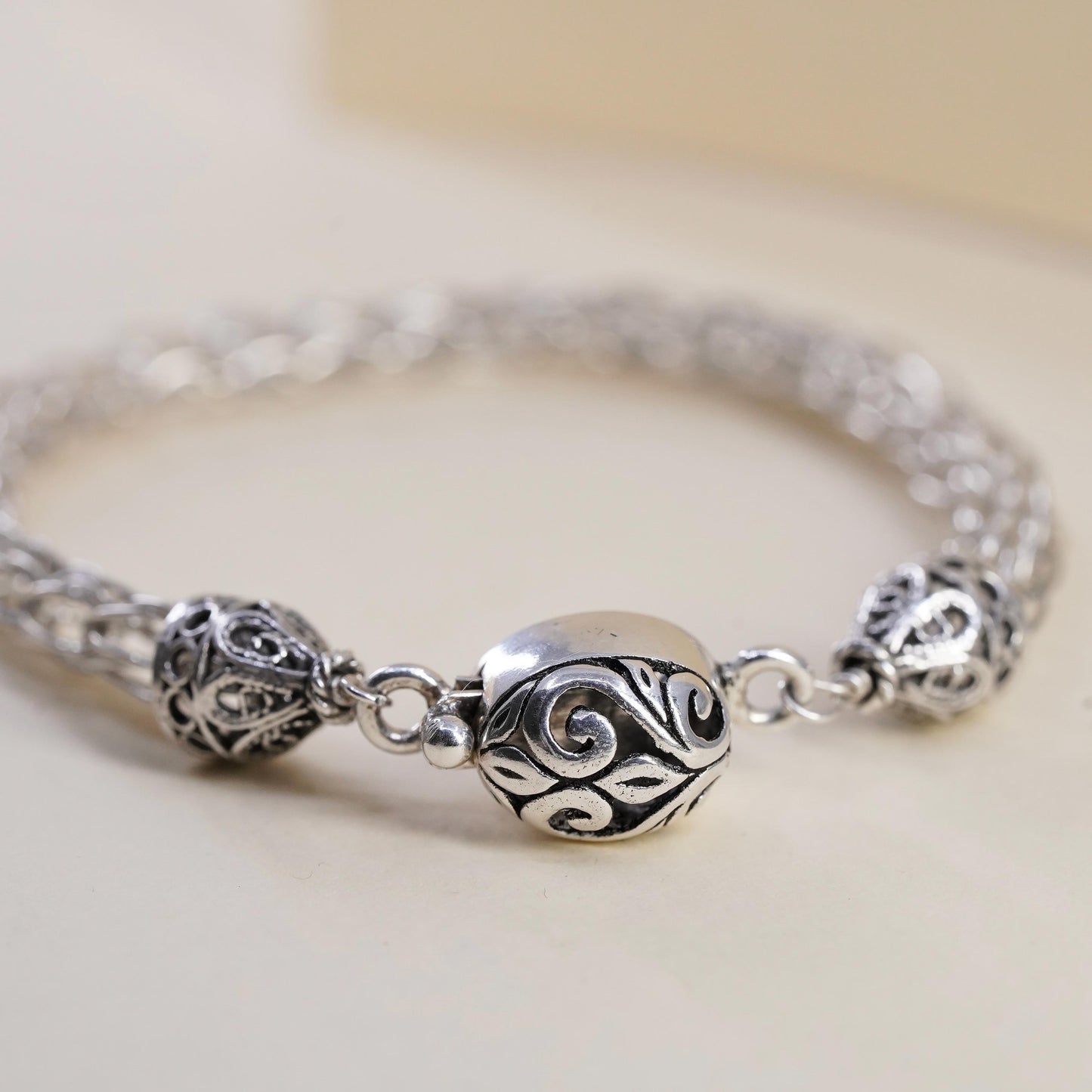 6.25”, vintage sterling silver bracelet, 925 wheat chain with filigree clasp