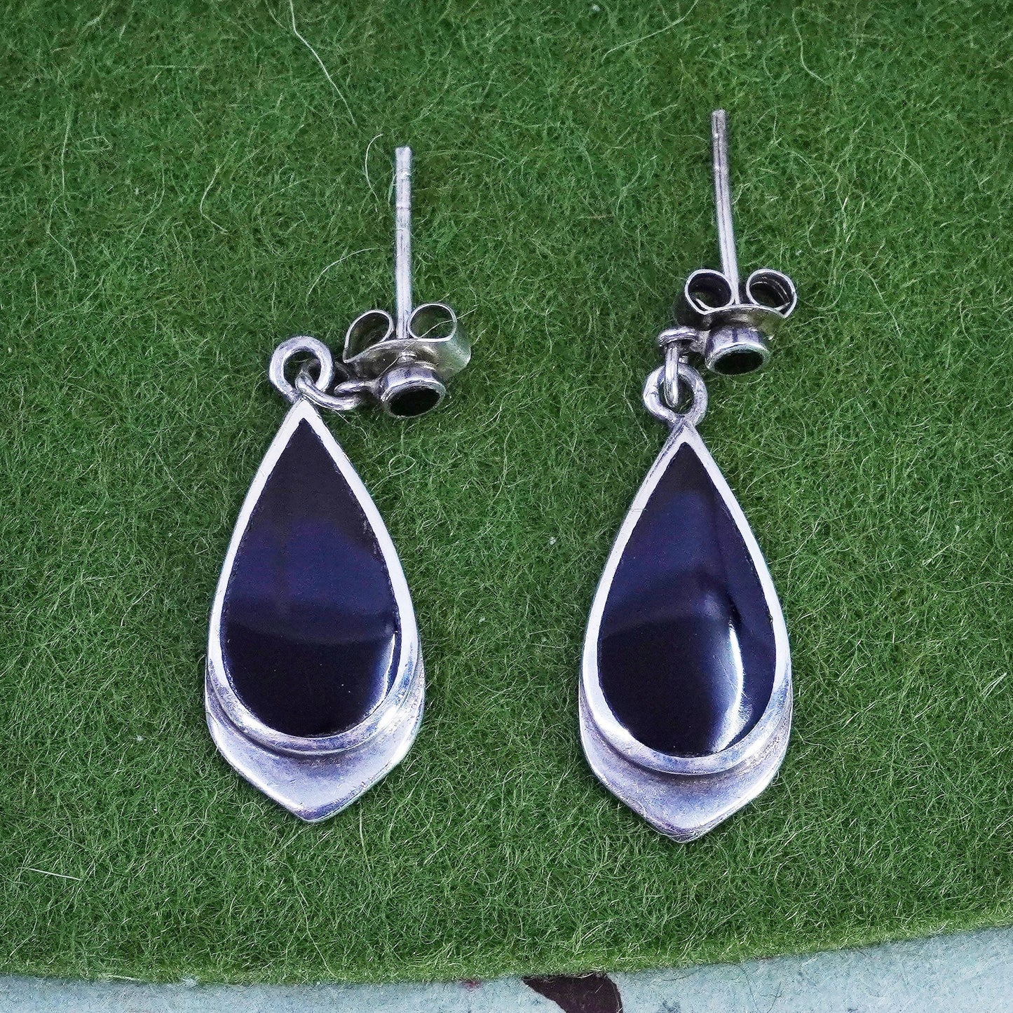 vtg sterling 925 silver earrings, teardrop black onyx, handmade southwestern