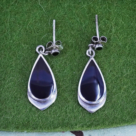 vtg sterling 925 silver earrings, teardrop black onyx, handmade southwestern