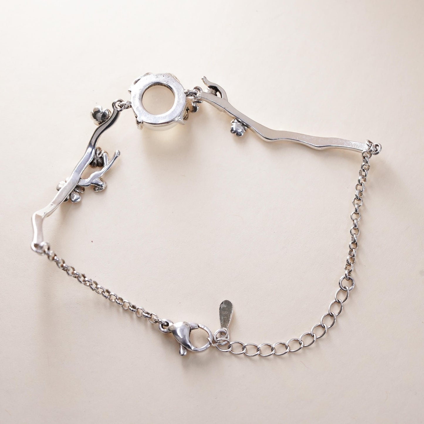 7”, Vintage sterling silver bracelet, 925 chain with flower branch chalcedony