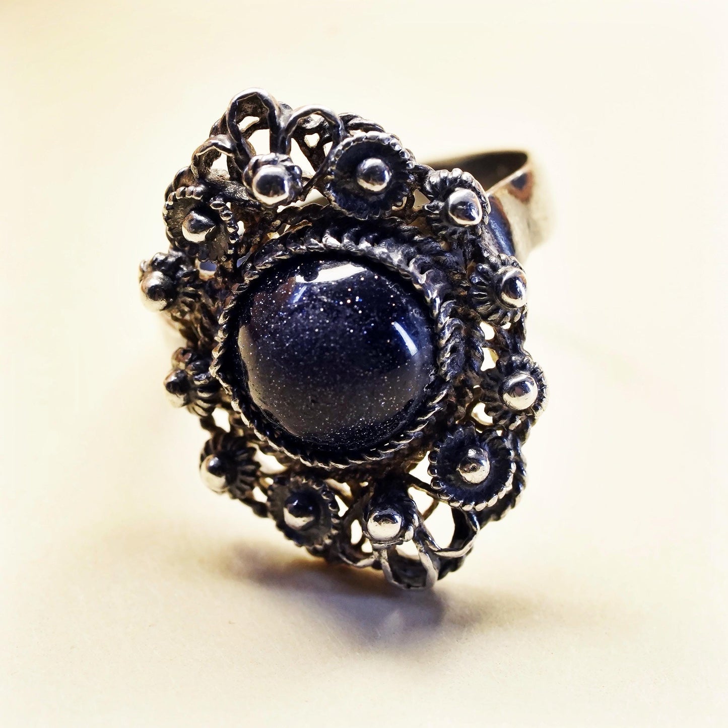 Size 6.25, Vintage sterling 925 silver filigree ring with goldstone and beads