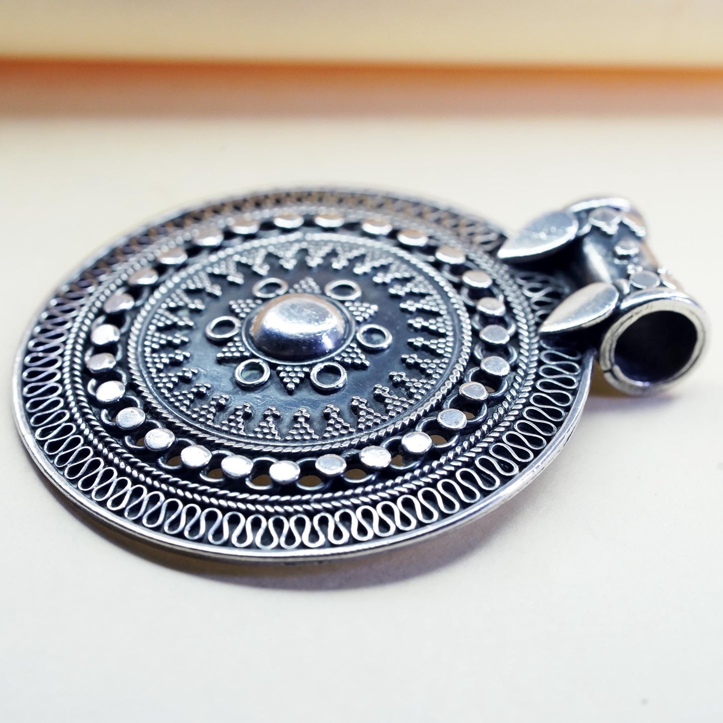 vintage sterling silver handmade huge pendant, 925 filigree Bali circle