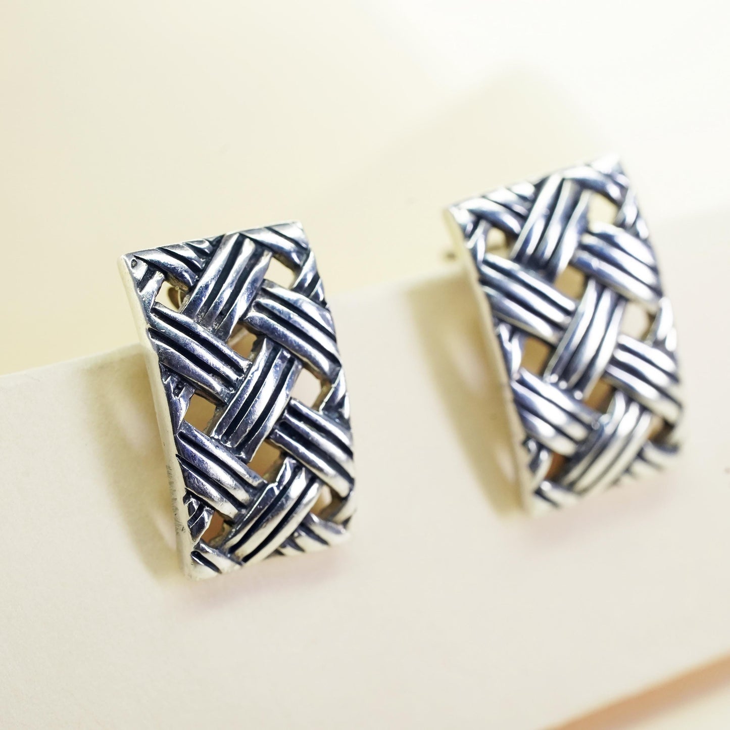 Vintage Sterling silver handmade rugtangular earrings, 925 woven braided studs